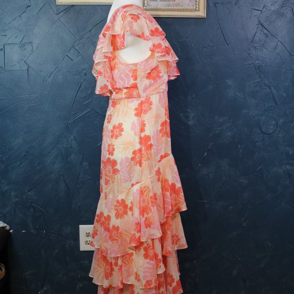 Lulus Cream & Hues of Pink Chiffon Maxi Dress Women's Floral Ruffled Size L - Picture 4 of 13